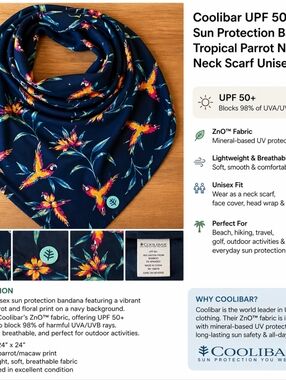 Coolibar UPF 50+ Sun Protection Bandana Tropical Parrot Navy Neck Scarf Unisex